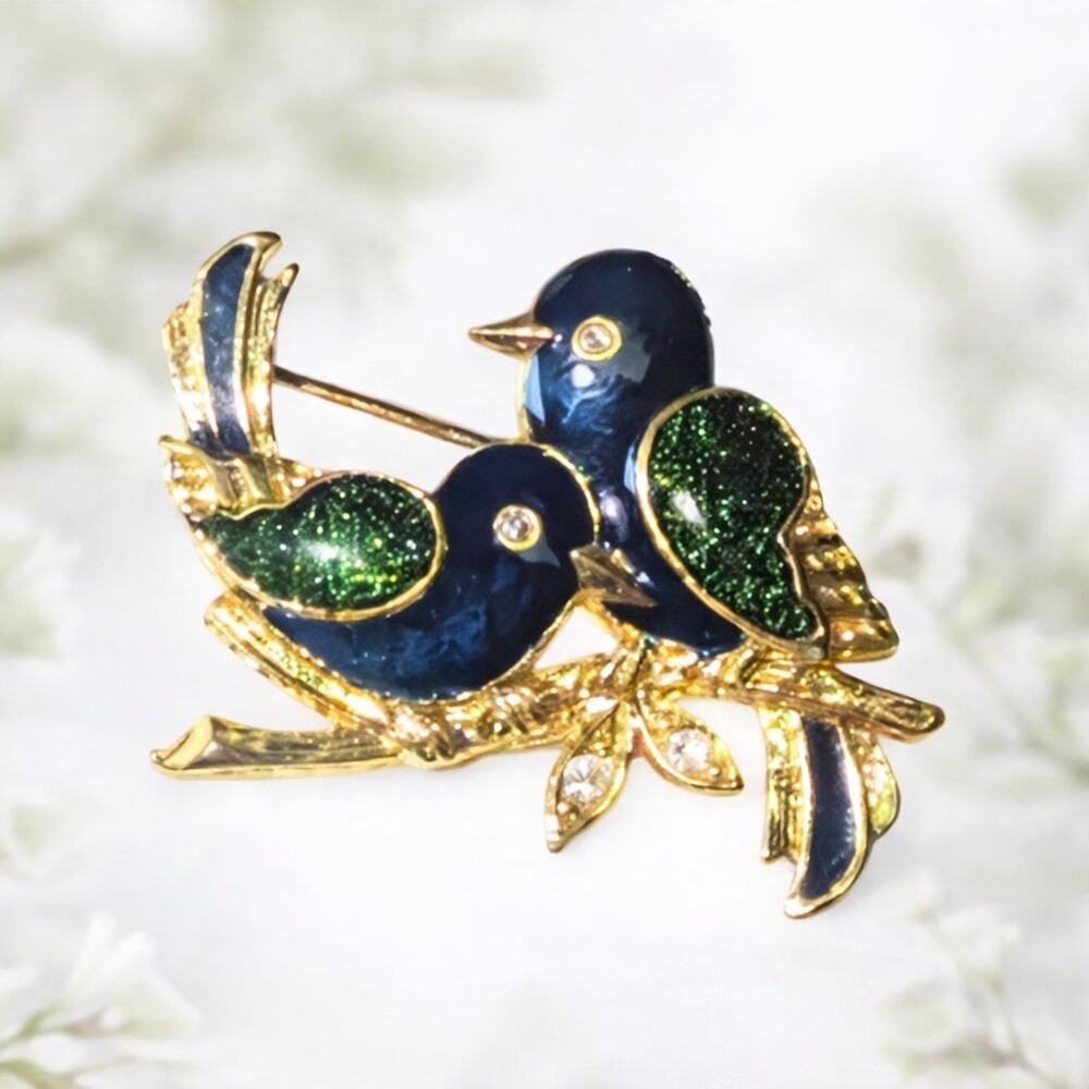 MCJ Two Bird Enamel Brooch Gold Tone Blue Green Glitter Accent Rhinestone VTG